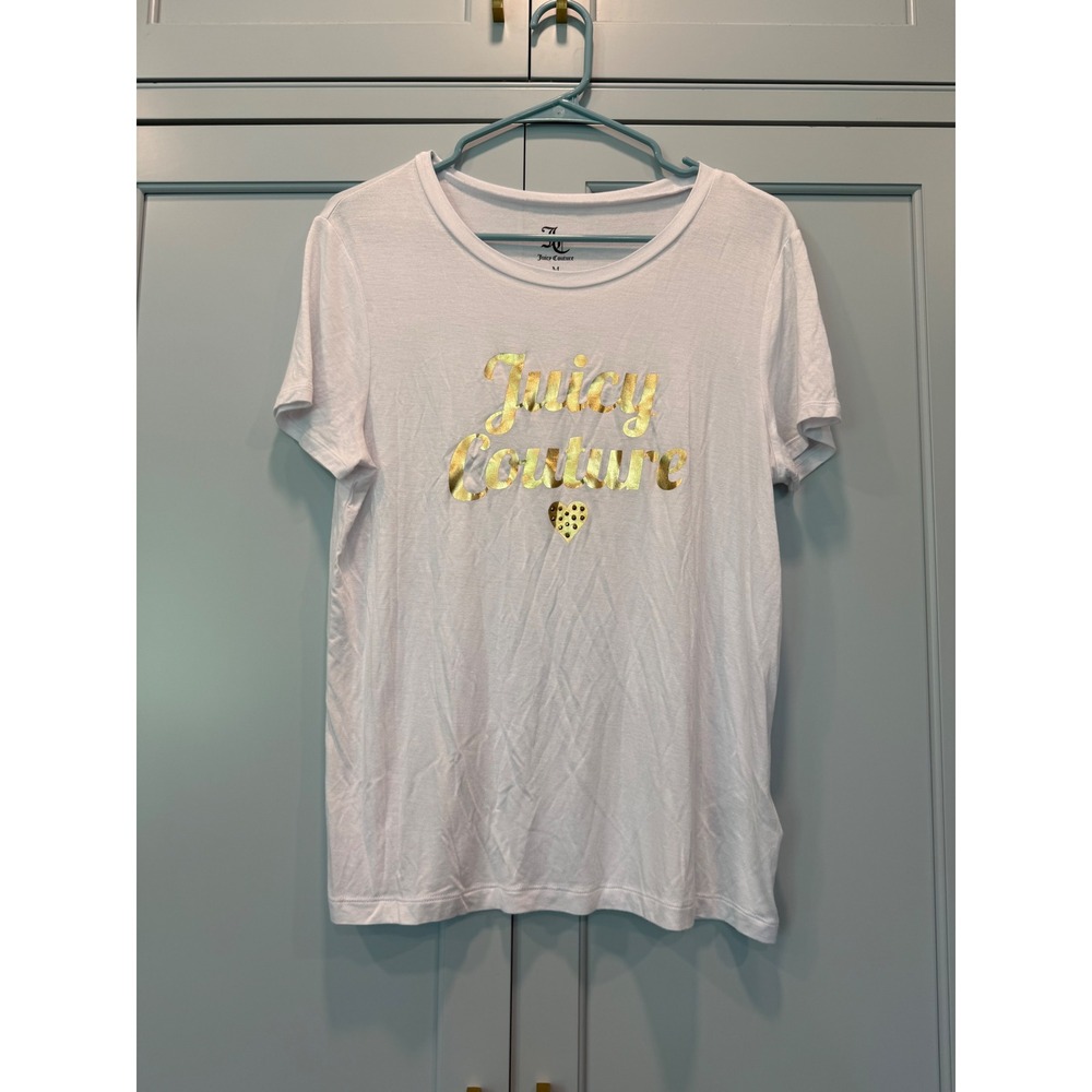 VTG y2k Juicy Couture White Graphic Tee Gold Foil Logo‎ Studded Heart Med